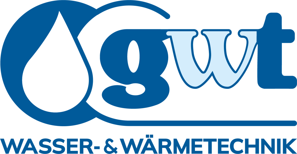 Logo der Firma gwt mit einem Wassertropfen und dem Schriftzug "WASSER- & WÄRMETECHNIK" in Blau.