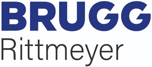 Logo der Firma BRUGG Rittmeyer, bestehend aus blauem Schriftzug „BRUGG“ und grauem „Rittmeyer“ in modernem Design.