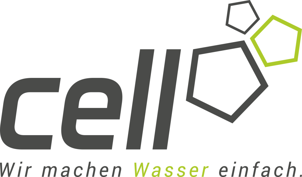 Logo der Firma "cell" mit Slogan "Wir machen Wasser einfach" in moderner Schrift und geometrischen Formen in grün und grau.