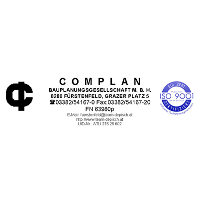 Logo der Bauplanungsgesellschaft COMPLAN, Kontaktdaten, Adresse in Fürstenfeld und ISO 9001-Zertifizierung.