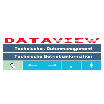 Logo von DATAVIEW mit den Texten "Technisches Datenmanagement" und "Technische Betriebsinformation". Pfeile in verschiedenen Richtungen.