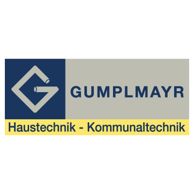 Logo von Gumplmayr mit blauem und grauem Hintergrund, Hersteller von Haustechnik und Kommunaltechnik, darunter beschreibender Text.