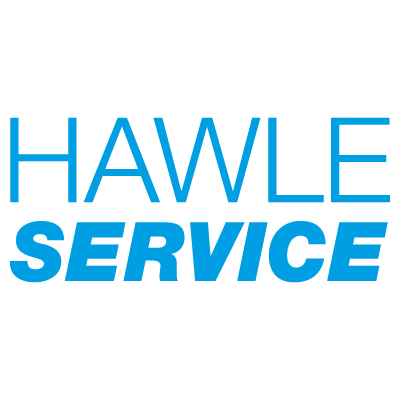Logo mit dem Schriftzug „HAWLE SERVICE“ in blauer Schrift auf schwarzem Hintergrund.