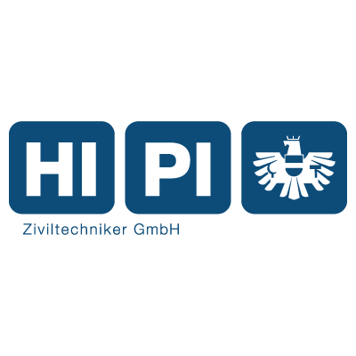 Logo der Firma HI PI Zivitechnikar GmbH mit stilisierten Buchstaben und einem Wappen. Blaues Farbschema.