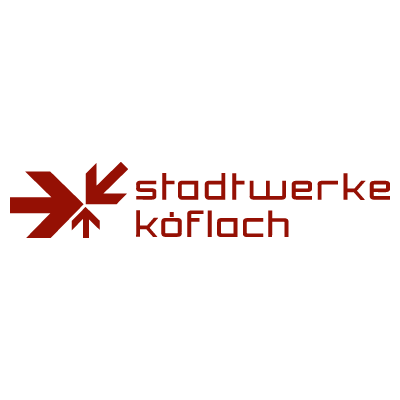 Logo der Stadtwerke Köflach in rot, mit stilisierten Pfeilen und dem Schriftzug "stadtwerke köflach".