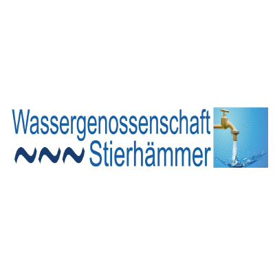 Logo der Wassergenossenschaft Stierhammer mit Wasserhahn und Wassertropfen auf blauem Hintergrund.