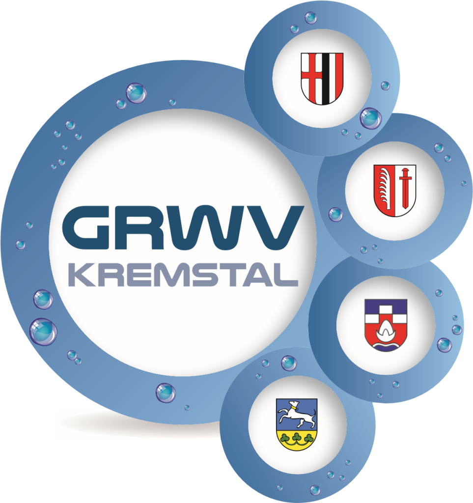 Logo der GRWV Kremstal mit einem großen blauen Kreis und vier kleineren Kreisen, die Wappen enthalten.