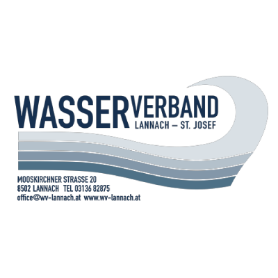 Logo des Wasserverbands Lannach - St. Josef mit stilisiertem Wasser-Wellen-Motiv und Kontaktdaten.