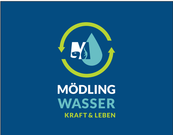Logo von Mödling Wasser, das die Begriffe "Kraft & Leben" sowie Wassersymbole und einen Recycling-Kreislauf zeigt.