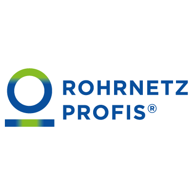 Logo von Rohrnetz Profis: ein stilisierter Kreis in Grün und Blau mit dem Schriftzug "ROHRNETZ PROFIS" in Blau.