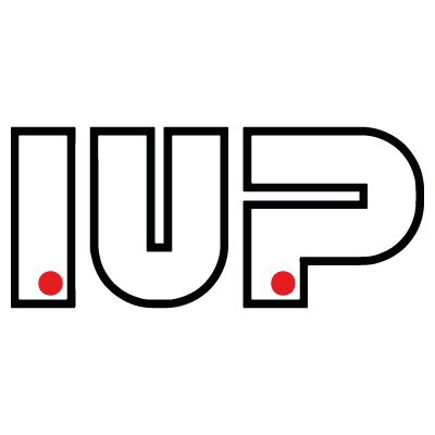Logo mit den Buchstaben "IUP", in Weiß auf schwarzem Hintergrund, zwei rote Punkte als visuelle Akzente.