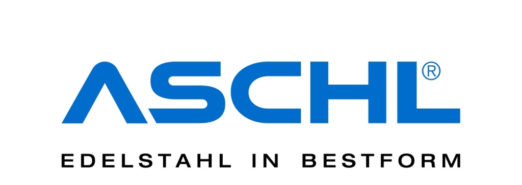 Logo von ASCHL; Text in Blau: "ASCHL®" und darunter "EDELSTAHL IN BESTFORM". Modernes Design, industrieller Bezug.