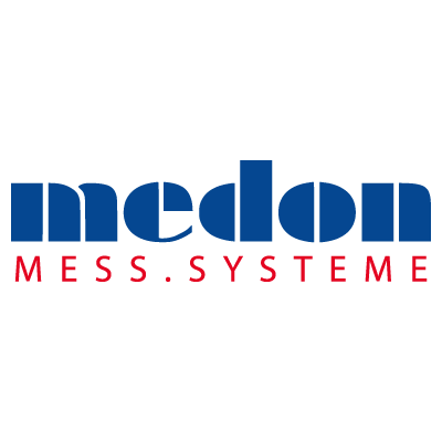 Logo der Firma "medon" in Blau und Rot, mit dem Schriftzug "MESS.SYSTEME" in einer modernen Schriftart.