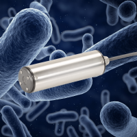 Ein Metallzylinder schwebt vor einem Hintergrund aus vergrößerten Bakterien, symbolisiert Technologie in der Mikrobiologie.