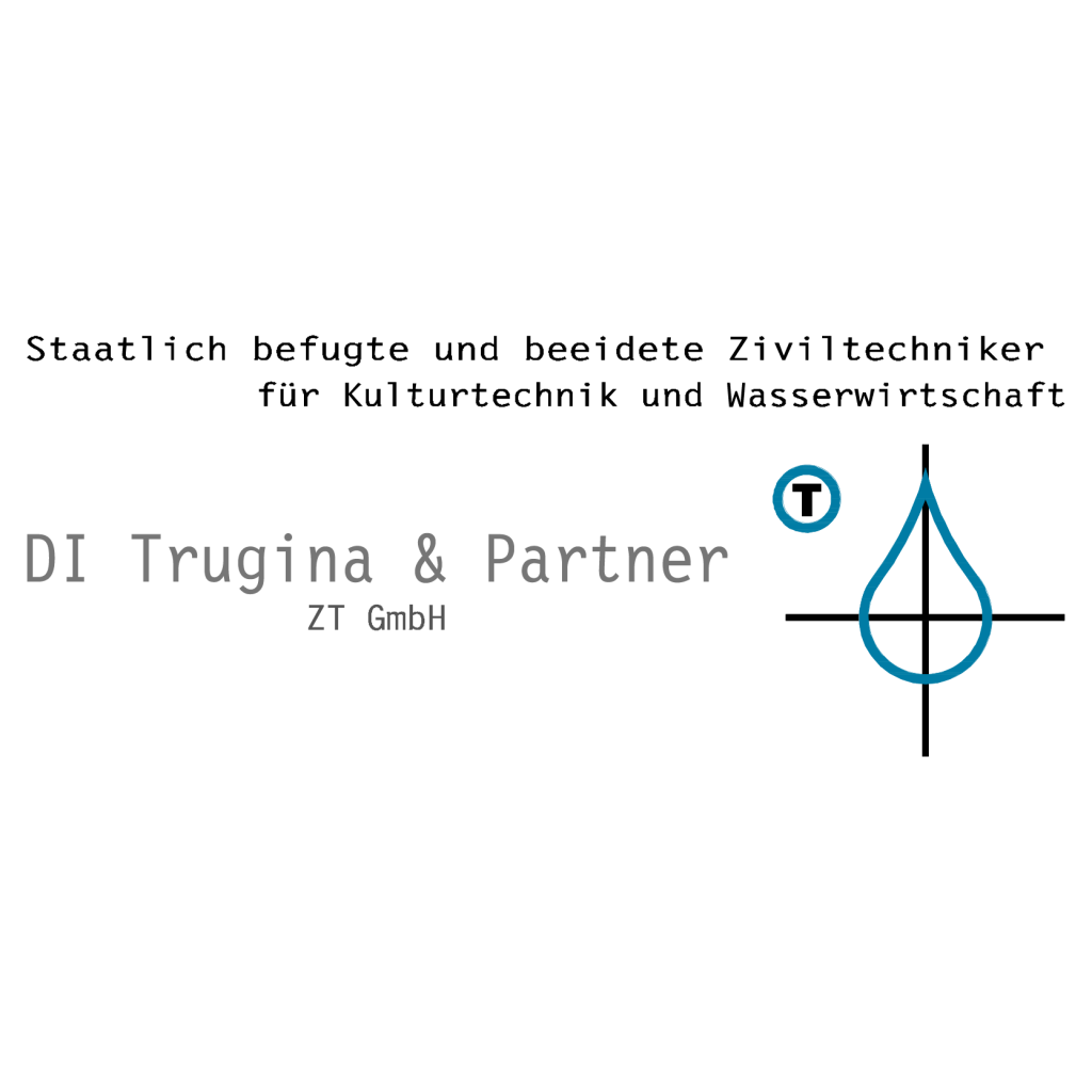 Logo von DI Trugina & Partner ZT GmbH, kombiniert mit einem Wassertropfen und stilisierter Schrift.